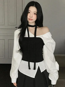 DAZY 白色拼接黑色抹胸收腰 2 合 1 長袖休閒時尚女款衛衣上衣 - 白色 - 查看 1