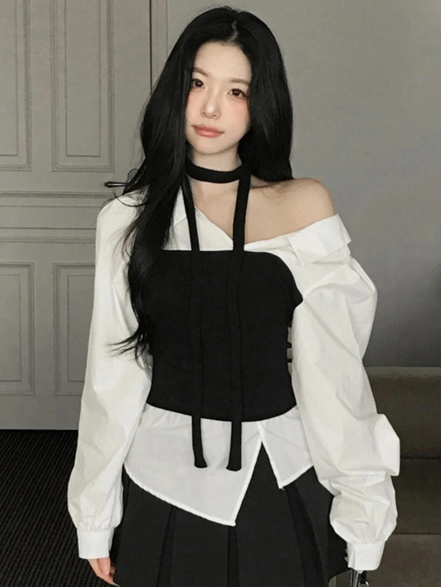 DAZY 白色拼接黑色抹胸收腰 2 合 1 長袖休閒時尚女款衛衣上衣 - 白色 - 查看 1