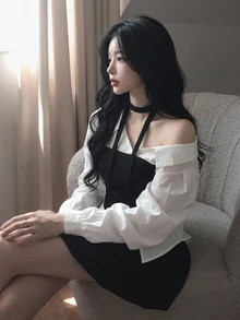 DAZY 白色拼接黑色抹胸收腰 2 合 1 長袖休閒時尚女款衛衣上衣 - 白色 - 查看 3