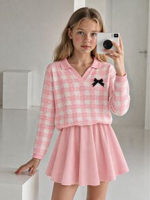 SHEIN Tween Girl Sweater Set With 3D Bow, Plaid Jacquard Pattern, Knit Turn-Up Collar, V Neck Wavy Trim Long-Sleeve Back To School Clothes Girls Fall/Winter - Pink - View 5