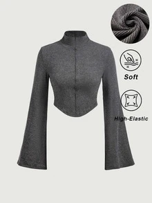 SHEIN MOD 女款時尚度假風喇叭袖短版T恤 - 灰色 - 查看 3