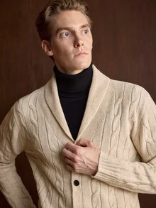 Manfinity Homme 男士翻領長袖針織開襟衫，休閒針織秋冬服飾，燕麥色寬鬆時尚通勤穿搭，百搭麻花編織針織外套 - 杏色 - 查看 2
