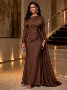 SHEIN Lady Women's Solid Color Pleated Casual Party Long Dress - Black - View 8