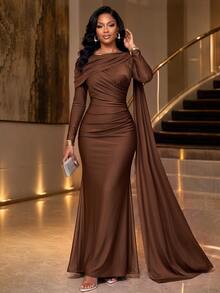 SHEIN Lady Women's Solid Color Pleated Casual Party Long Dress - Black - View 1
