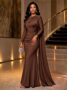 SHEIN Lady Women's Solid Color Pleated Casual Party Long Dress - Black - View 3