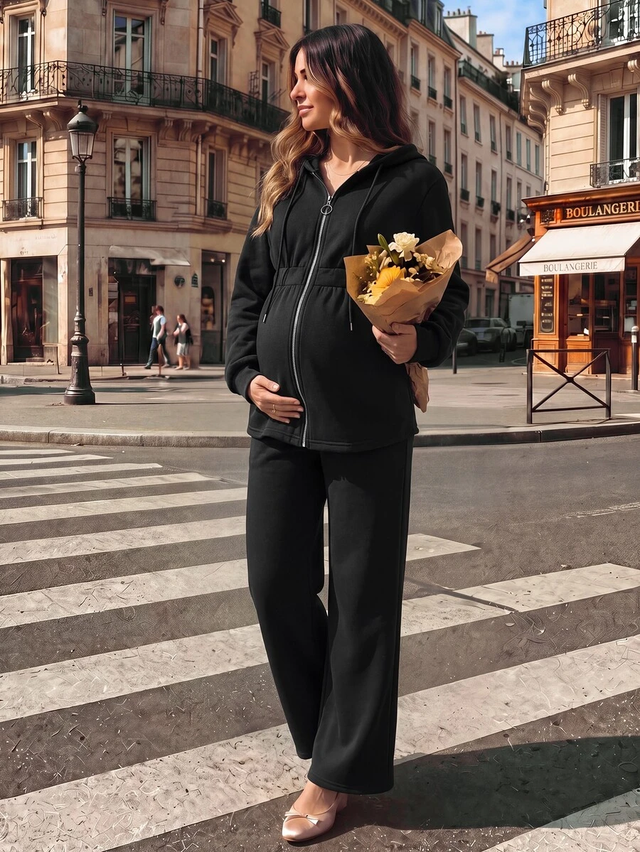 SHEIN 孕婦純色抽繩連帽上衣與長袖休閒日常兩件套 - 黑色 - 查看 1