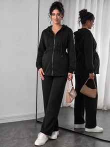 SHEIN 孕婦純色抽繩連帽上衣與長袖休閒日常兩件套 - 黑色 - 查看 3