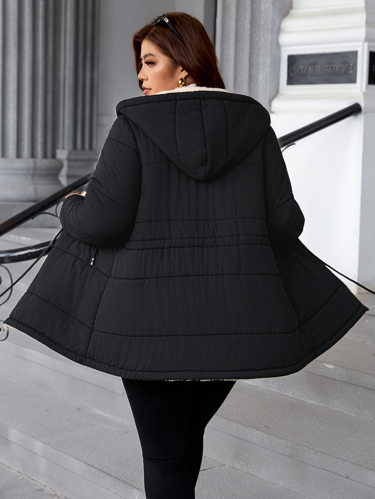 SHEIN Clasi Plus Size Winter Casual Western Thermal Lined Hooded Jacket Family Vacation Holiday Vacation White - Black - View 2