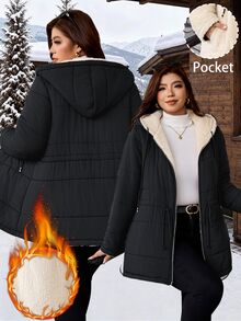 SHEIN Clasi 大尺碼冬季休閒西式保暖內裡連帽外套 家庭度假假期 白色 - 黑色 - 查看 13