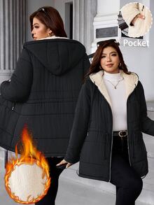 SHEIN Clasi 大尺碼冬季休閒西式保暖內裡連帽外套 家庭度假假期 白色 - 黑色 - 查看 4