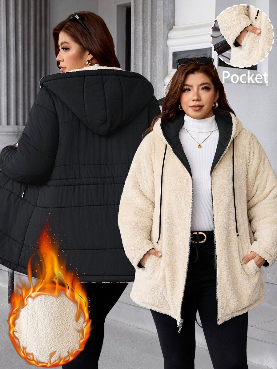 SHEIN Clasi 大尺碼冬季休閒西式保暖內裡連帽外套 家庭度假假期 白色 - 黑色 - 查看 1