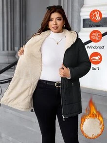 SHEIN Clasi 大尺碼冬季休閒西式保暖內裡連帽外套 家庭度假假期 白色 - 黑色 - 查看 12