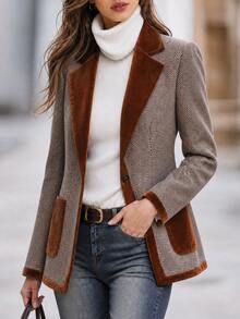 Editum Women's Notch Lapel Herringbone Casual Blazer - Coffee Brown - View 3