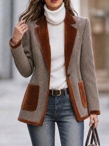 Editum Women's Notch Lapel Herringbone Casual Blazer - Coffee Brown - View 1
