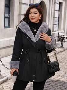 SHEIN Clasi Plus Size Women's Solid Color Long Sleeve Thermal Lined Casual Fluffy Elegant Fall/ Jacket Holiday Going Out Travel Black, Autumn/Winter - Black - View 4