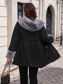 SHEIN Clasi Plus Size Women's Solid Color Long Sleeve Thermal Lined Casual Fluffy Elegant Fall/ Jacket Holiday Going Out Travel Black, Autumn/Winter - Black - View 2