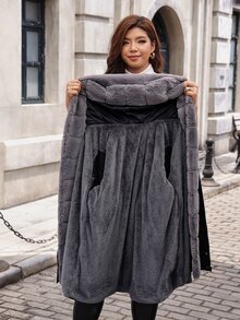 SHEIN Clasi Plus Size Women's Solid Color Long Sleeve Thermal Lined Casual Fluffy Elegant Fall/ Jacket Holiday Going Out Travel Black, Autumn/Winter - Black - View 10