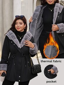 SHEIN Clasi Plus Size Women's Solid Color Long Sleeve Thermal Lined Casual Fluffy Elegant Fall/ Jacket Holiday Going Out Travel Black, Autumn/Winter - Black - View 3