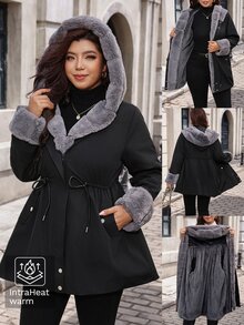 SHEIN Clasi Plus Size Women's Solid Color Long Sleeve Thermal Lined Casual Fluffy Elegant Fall/ Jacket Holiday Going Out Travel Black, Autumn/Winter - Black - View 1