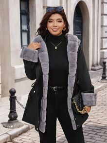 SHEIN Clasi Plus Size Women's Solid Color Long Sleeve Thermal Lined Casual Fluffy Elegant Fall/ Jacket Holiday Going Out Travel Black, Autumn/Winter - Black - View 7