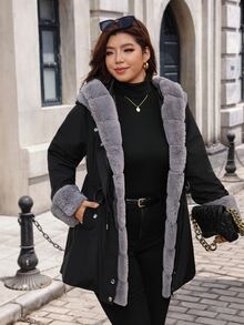 SHEIN Clasi Plus Size Women's Solid Color Long Sleeve Thermal Lined Casual Fluffy Elegant Fall/ Jacket Holiday Going Out Travel Black, Autumn/Winter - Black - View 6