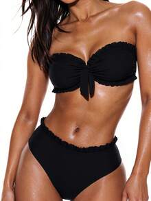 SHEIN Swim بيكيني بقطعتين للنساء بتصميم عقدة أمامية مع حافة مكسرة، لون أسود، ملابس سباحة - الأسود - مشاهدة 4