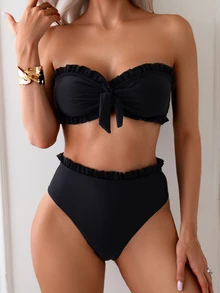 SHEIN Swim بيكيني بقطعتين للنساء بتصميم عقدة أمامية مع حافة مكسرة، لون أسود، ملابس سباحة - الأسود - مشاهدة 3
