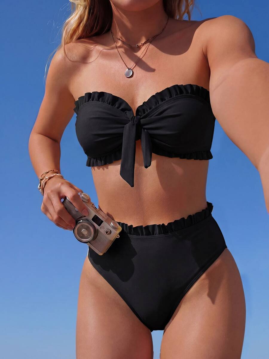 SHEIN Swim بيكيني بقطعتين للنساء بتصميم عقدة أمامية مع حافة مكسرة، لون أسود، ملابس سباحة - الأسود - مشاهدة 1