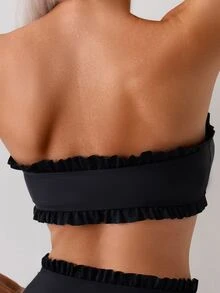 SHEIN Swim بيكيني بقطعتين للنساء بتصميم عقدة أمامية مع حافة مكسرة، لون أسود، ملابس سباحة - الأسود - مشاهدة 5