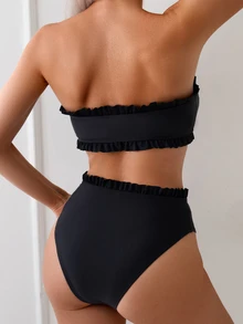 SHEIN Swim بيكيني بقطعتين للنساء بتصميم عقدة أمامية مع حافة مكسرة، لون أسود، ملابس سباحة - الأسود - مشاهدة 2