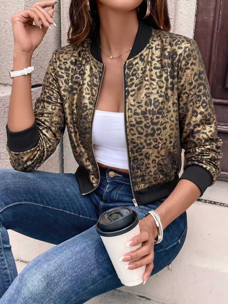 SHEIN LUNE Plus Size Women Shiny Leopard Print Short Open‑Front Jacket, Elegant Autumn Winter Outerwear For Evening Outings & Holiday Parties Fall - Black - View 1