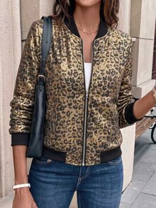 SHEIN LUNE Plus Size Women Shiny Leopard Print Short Open‑Front Jacket, Elegant Autumn Winter Outerwear For Evening Outings & Holiday Parties Fall - Black - View 3