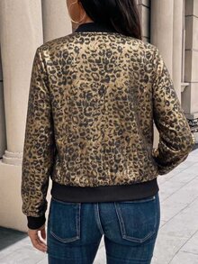 SHEIN LUNE Plus Size Women Shiny Leopard Print Short Open‑Front Jacket, Elegant Autumn Winter Outerwear For Evening Outings & Holiday Parties Fall - Black - View 2