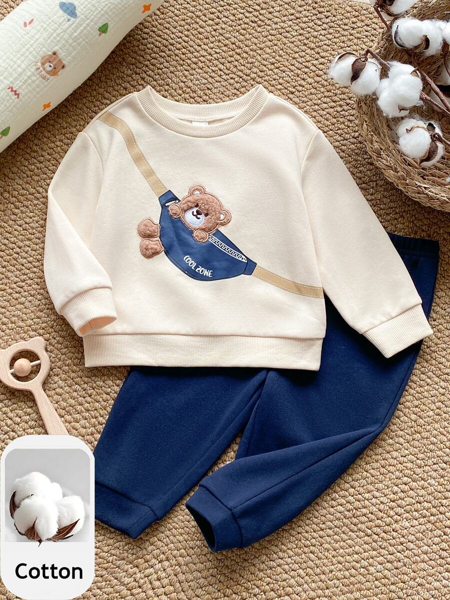 PrepCrw 2 Pcs Baby Boy Bear Crossbody Bag Pattern Crew Neck Long Sleeve Pullover Sweatshirt And Cuffed Pants Set, Suitable For Indoor, Daily, Sports, Photography, Holiday In Autumn/Winter - Multicolor - View 1