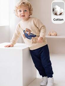 PrepCrw 2 Pcs Baby Boy Bear Crossbody Bag Pattern Crew Neck Long Sleeve Pullover Sweatshirt And Cuffed Pants Set, Suitable For Indoor, Daily, Sports, Photography, Holiday In Autumn/Winter - Multicolor - View 8