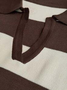 SHEIN Women Polo Neck Long Sleeve Cream And Brown Striped Color Loose Fit Sweater - Cream - View 7