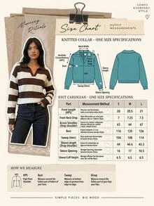 SHEIN Women Polo Neck Long Sleeve Cream And Brown Striped Color Loose Fit Sweater - Cream - View 2