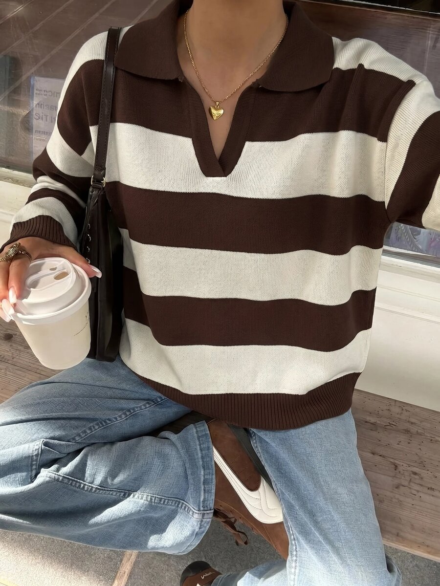 SHEIN Women Polo Neck Long Sleeve Cream And Brown Striped Color Loose Fit Sweater - Cream - View 1