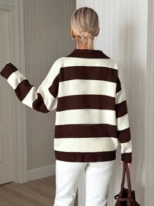 SHEIN Women Polo Neck Long Sleeve Cream And Brown Striped Color Loose Fit Sweater - Cream - View 5