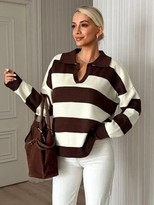 SHEIN Women Polo Neck Long Sleeve Cream And Brown Striped Color Loose Fit Sweater - Cream - View 4