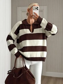 SHEIN Women Polo Neck Long Sleeve Cream And Brown Striped Color Loose Fit Sweater - Cream - View 6