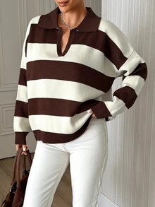 SHEIN Women Polo Neck Long Sleeve Cream And Brown Striped Color Loose Fit Sweater - Cream - View 3