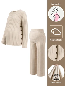 GentleRue Maternity Bộ đồ len dệt kim bầu màu trơn tay dài gồm áo và quần, phong cách thường ngày, mặc mùa đông - Màu be - Xem 12