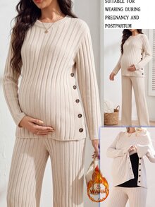 GentleRue Maternity Bộ đồ len dệt kim bầu màu trơn tay dài gồm áo và quần, phong cách thường ngày, mặc mùa đông - Màu be - Xem 1