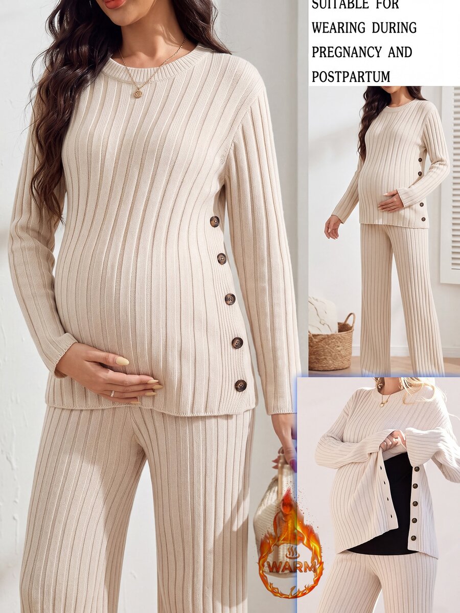 GentleRue Maternity Bộ đồ len dệt kim bầu màu trơn tay dài gồm áo và quần, phong cách thường ngày, mặc mùa đông - Màu be - Xem 1