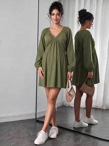 SHEIN Maternity Dress Olive Green 100% Cotton - Army Green - View 2