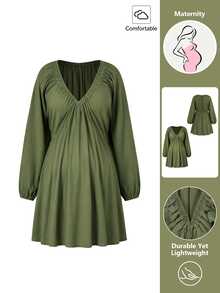 SHEIN Maternity Dress Olive Green 100% Cotton - Army Green - View 11