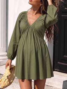 SHEIN Maternity Dress Olive Green 100% Cotton - Army Green - View 1