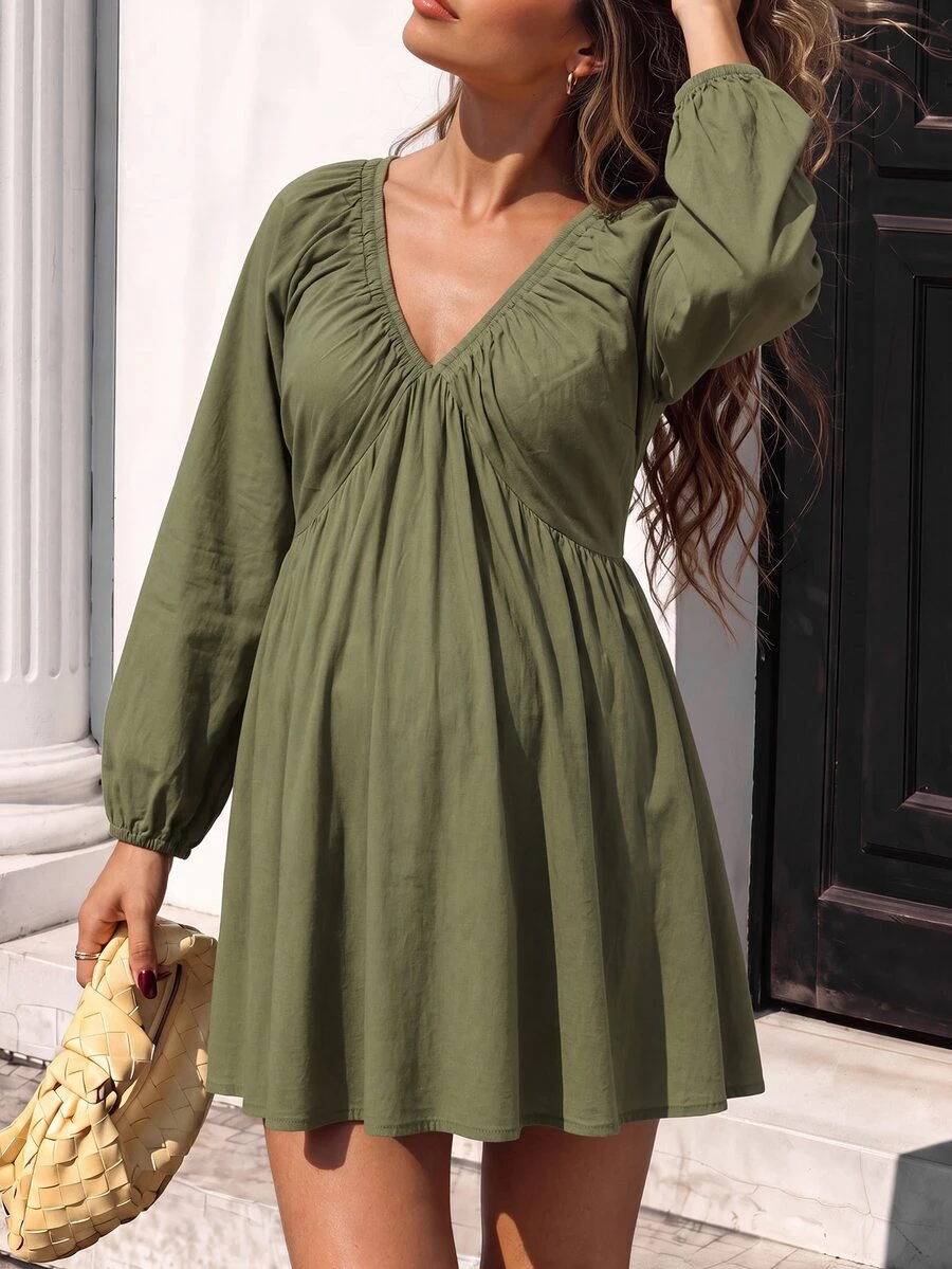 SHEIN Maternity Dress Olive Green 100% Cotton - Army Green - View 1
