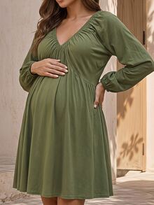 SHEIN Maternity Dress Olive Green 100% Cotton - Army Green - View 10